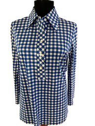 Lot 54- Alex Colman California Blue & White Houndstooth Polyester Blouse Top Womens Vintage Size Small
