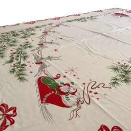 Lot 105SES-  SIZE EDIT * Vintage Holiday Christmas Tablecloth Santa Sleigh Reindeer Pine Cones