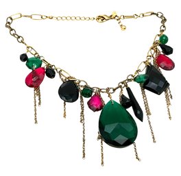 Lot 77SES- Chicos Statement Green Pink Black Crystals Necklace- Costume Jewelry