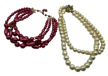 Lot 31- 1960s  Vintage Necklaces Faux Pearls And Dark Pink Multi Strand Chokers (2)