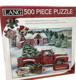 Lot-23RR- Lang 500 Piece Puzzle New Sealed Truckin Along Christmas Red Truck Art Susan Winget