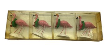 Lot 71SES- Dept. 56 Pink Flamingo With Green Wreaths- Christmas Village Decor Accessories In Package