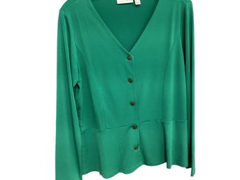 Lot 91RR- Susan Graver New Liquid Knit Peplum Top Long Sleeves Green Womens Size Medium