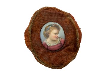 Lot 469- Victorian Hand Painted Porcelain Girl Profile Miniature Picture On Velvet - Antique