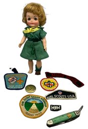 Lot 79- 1965 Vintage Effanbee Girl Scout Doll - Jack Knife - 1960s Patches - Nassau - Worlds Fair