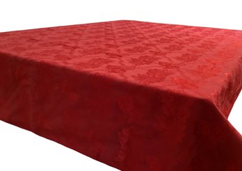 Lot 101SES- RED Brocade Tablecloth 68 X 50 Oblong Poinsettia With Christmas Ornaments Design