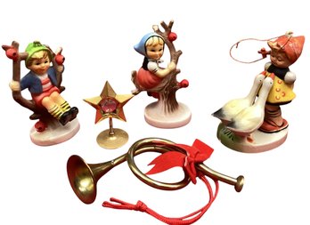 Lot 205RR- Hummel Goebel Apple Boy Girl With Ducks Brass Horn Bobble Star Lot Of 5 Vintage Ornaments