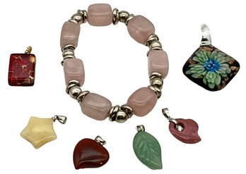 Lot 97- Pink Quartz Stretch Bracelet & Mixed Pendants - Lot Of 7