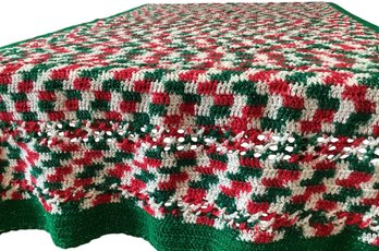 Lot 104SES- Hand Crocheted Holiday Christmas Afghan Red Green Silver Threads 43 X 76