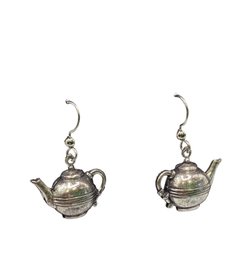 Lot 111RR- Adorable Tea Pot Pierced Earrings Silvertone Light Weight- Costume
