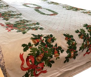 Lot 103SES- Fallani & Company Extra Big Tablecloth 60 X 92 Red Polka Dots With Holly Bells - Christmas