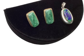 Lot 110RR- Sterling Silver Azurite Malachite Pendant & Costume Green Vintage Earrings