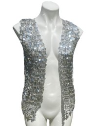 Lot 303SES - 1970s Silver Sparkle Sequin Disc Vest Size Small Disco Top