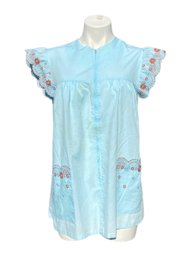 Lot 215SES - Vintage Blue Embroidered Ruffled Sleeves Shirt Blouse Smock