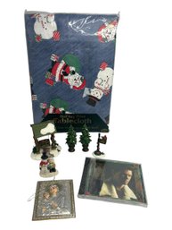 Lot 235KR - Christmas Holiday Lot - Table Cloth, CD, Village Trees - Snowman - Well & Ornament