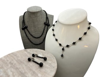 Lot 39- 10K GF - 2 Black Crystal Necklace & Crystal Earrings (3)