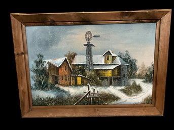 Lot 49- Original Painting On Canvas - Snow Scene - In Wooden Frame By M. Martin