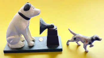 Lot 213- RCA Victrola Nipper Dog Cast Iron Phonograph Door Stop & English Setter Pointer Hunting Dog Figurine