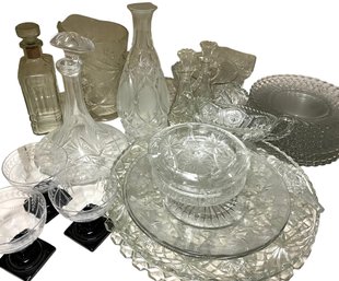 Lot 555- 1960s Platters - Stemware - Decanters - Glass Plates -pitcher-  Bowls - BIG LOT!