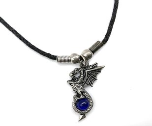 Lot 24- Mystical Pewter Dragon Blue Crystal Ball Pendant On Cord Necklace