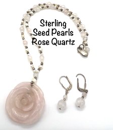 Lot 12- Sterling Silver Necklace With Seed Pearls & Rose Quartz & Matching Earrings