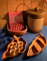 Lot 300SES- Mid Century Lot - Serving Ware - Wood Bowls - Ice Bucket Lot