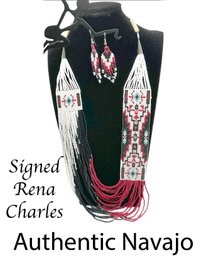 Lot 112 - Stunning Navajo Created Signed By Rena Charles Seed Bead Necklace & Earrings