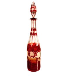 Lot 221-  Beautiful 15 Inch Antique Bohemian Ruby Red Glass Etched Decanter