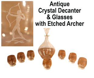 Lot 228- Antique Signed Clear Glass Etched Liquor Decanter Set - 7 Glasses - Archer - Cupid