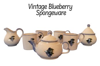 Lot 274- WC Blueberry Spongeware Pottery Tea Pot Coffee Mugs- Sugar And Creamer Set