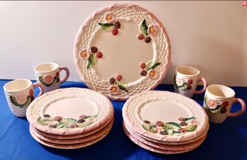 Lot 252- Subtil Portugal Hand Painted Berries & Daisies Footed Cake Plate - Easter - 13 Piece Lot -New In Box