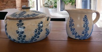 Lot 224- Dorchester Signed Stoneware Pottery With Blueberries - Covered Casserole &  Pitcher