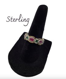 Lot 132RR - Sterling Silver Ring Emerald Ruby Stones Band Size 6
