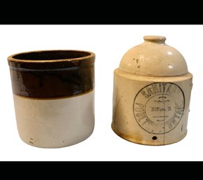 Lot 110- Early 1900s Stoneware Crock & Sanitary Poultry Fountain Chicken Waterer Bird Feeder