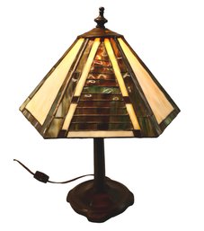 Lot 111- Mission Craftsman Stained Glass Electric Desk Table Lamp - Heavy Metal Base