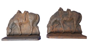 Lot 116- Cast Iron Metal Grazing Horse Bookends With Nice Vintage Patina