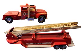 Lot 184- 1970 Nice! Nylint Pressed Steel Hook & Ladder Aerial Fire Truck Cab And Trailer