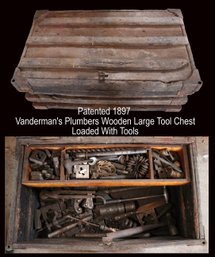 Lot 146- Patented 1897 Vanderman's Plumbers Wooden Tool Box Loaded With Turn Of Century Tools