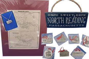 Lot 100- North Reading, Mass 10 Piece Lot - Map - Sign - Ornaments - Necklace - Putnam House