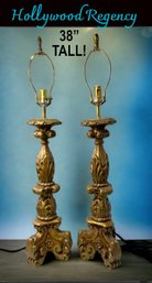 Lot 303- TALL Hollywood Regency Ornate Carved Chalk-ware With Gold Gilt Table Lamps- Pair Of 2 - 38 Inches!