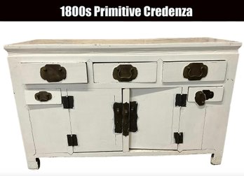 Lot 97- 1800s Primitive Farm House Painted White Buffet Credenza Cupboard - Built With Pegs!
