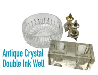 Lot 96- 1902 Antique Crystal Double Ink Well - Bowl - Silver Plate Salt And Pepper