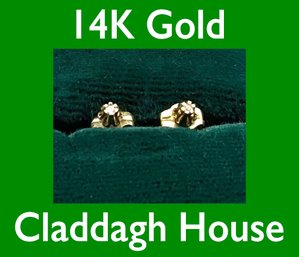 Lot 55SES- 14K Gold Claddagh House Stud Diamond Tested Earrings Made In Ireland