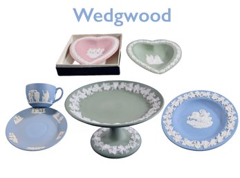 Lot 248- 5 Piece Wedgwood England Lot - Green - Blue - Pink - Dishes - Tea Cup - Compote Cake Plate