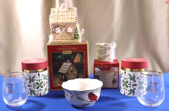 Lot 267- 5 Piece Christmas Lot - Spode - Lenox - Fifth Fine China Bird Bowl - Candle Holder - Tree Tea Light