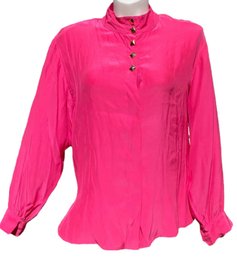Lot 300SES - Vintage Cache All Silk Fuchsia High Neck Button Down Shirt Blouse Large