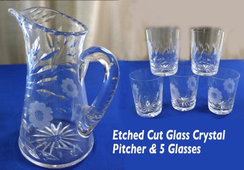 Lot 231- Etched Cut Glass Crystal Pitcher & 5 Lemonade Water Cocktail Glasses Tumbler Set