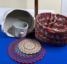 Lot 339- Braided Rug Making! Country Braided Lot Pads And Bins - Vintage 35' Wood Braiding Stand
