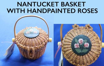 Lot 206- Nantucket Basket - Mini Hand Painted Roses On Cover  - With Original Tag