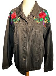 Lot 313- Vintage Carole Little Black Denim Jeans Jacket  With Embroidered Roses Flowers Coat - Size 14